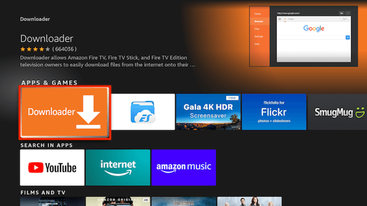 Select the downloader icon to download "downloader" on your FireTV Device