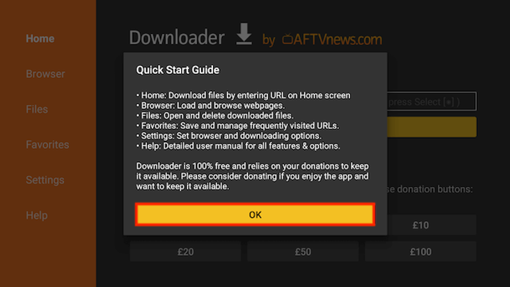 Select OK on quick start guide pop up for Firestick after opening Downloader app for first time