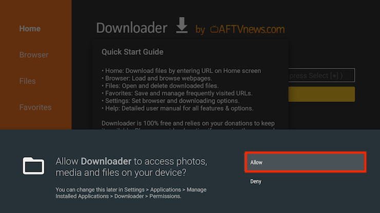 Allow Downloader to access photos, media and files on your device.